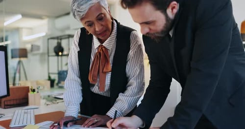 Documents, meeting and business people in office for finance strategy, planning and teamwork