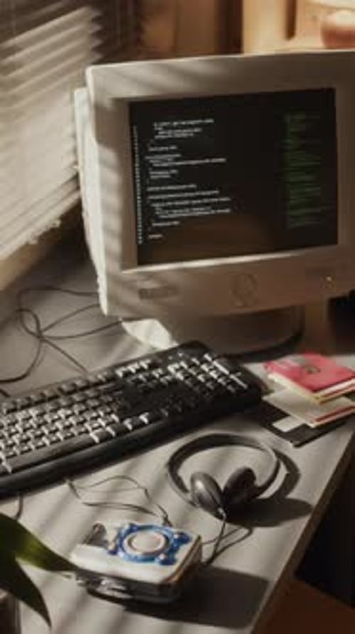 Vertical of 90s Computer Monitor on Desk in Warm Light Room