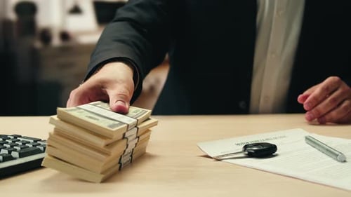 Stacks of Cash Dollars and Euro Banknotes Counting Buying Car Flat Home or Real Estate Counting