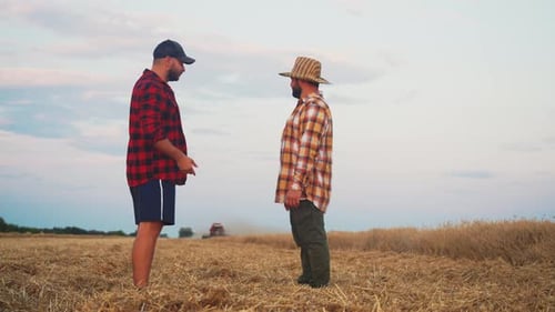 Silhouette Two Farmers Handshake Standing and Talking on Wheat Field Partnership and Teamwork Two