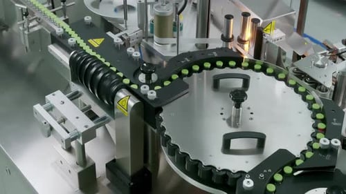Top View Medical Ampoule Vaccine Mass Production Line In Modern Laboratory Factory.