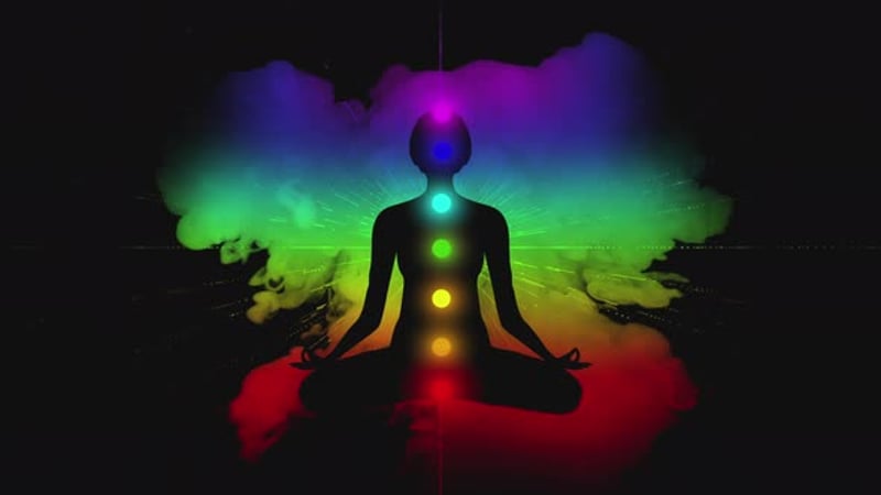 Meditating Figure with Glowing Chakras in Cosmic Space, Backgrounds ...