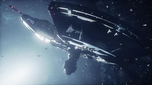 Futuristic Spaceship Flying Through Asteroid Field in Deep Space