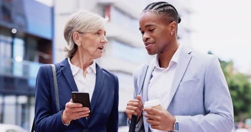 Phone, communication or business people in city talking, discussion and chatting on commute