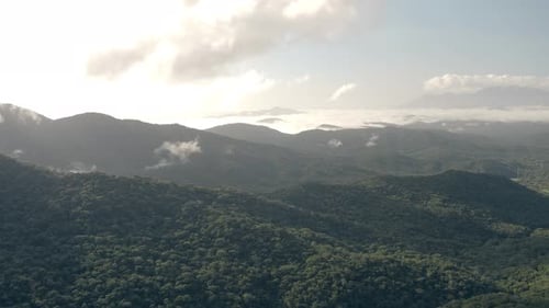 Drone aerial view of foggy morning summer green mountains in a amazon tropical forest in Brazil.