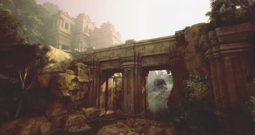 Ancient Architecture and Lush Landscape at Twilight in This Serene Setting