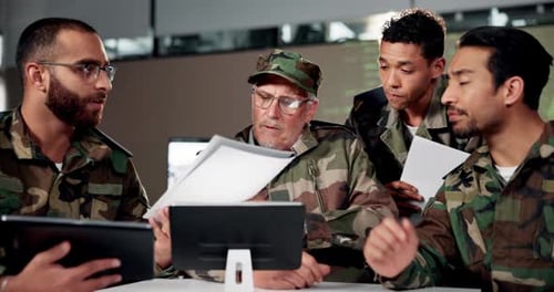 Team Working in Camouflage Looking at Papers
