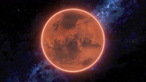 Animation of Mars planet seen from space, Asteroids Cloud and cosmos, stars milky way. 2154