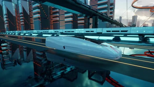 Train Maglev futuriste dans un paysage urbain moderne