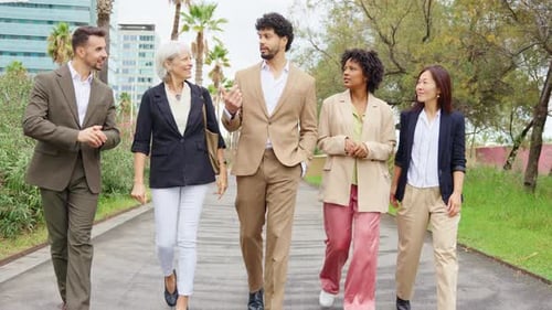 Diverse Colleagues Walking and Talking Outdoors