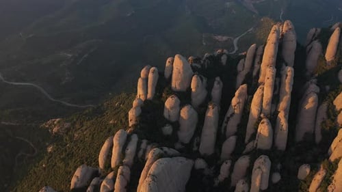Aerial views of Montserrat peaks, a mountain range in Catalonia. Unique Montserrat mountains