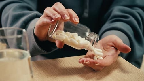 Makro-Nahaufnahme von Pillen und Vitaminen auf den Händen einer Frau, die viele verschiedene Medikamente und Schmerzmittel hält