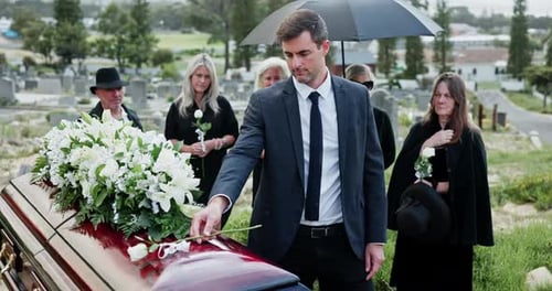 Man, casket and rose for respect at funeral with grief, goodbye or mourning with compassion