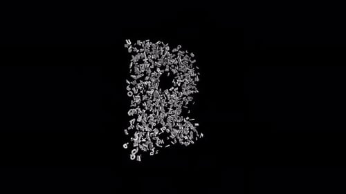 Buchstabe R besteht aus Buchstaben mit Alphakanal. 3D-Schrift. Alphabet-Buchstaben-Animation. Durchsichtige Tasche