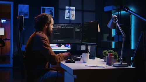 IT-Spezialist sitzt am Computertisch und arbeitet am Desktop-PC