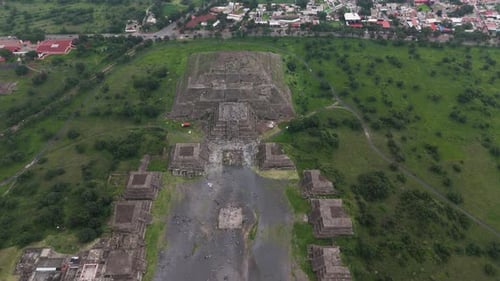 Drone tilt-up shot over the Pyramid of the Moon in Teotihuacan, Mexico