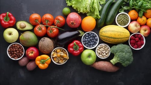 Colorful Fruits and Vegetables Arrangement on Dark Surface