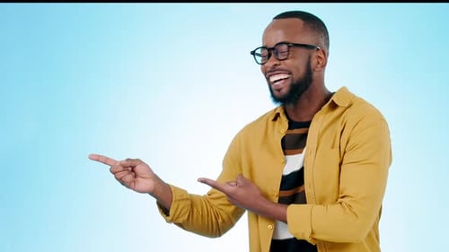 Black man, pointing and laughing face with space for promotion, checklist