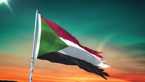 Realistic Sudan Flag Fluttering Against Vibrant Sunset