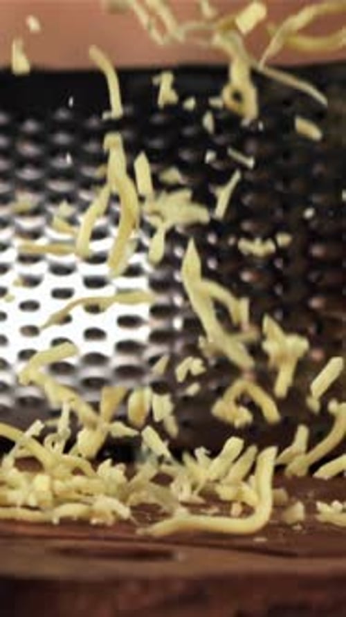 The Grated Cheese Falls on a Wooden Board Filmed on a Highspeed Camera at 1000 Fps