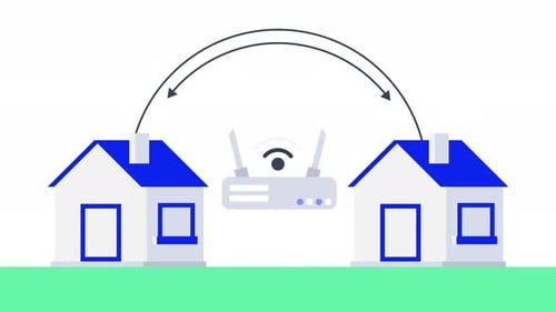 Houses connected by a wireless router, symbolizing modern connectivity in real estate.