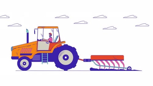 Black farmer riding tractor plowing field doodle cartoon animation