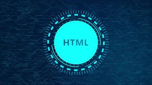 Concepto HTML futurista HD con elementos HUD giratorios y diseño de circuitos