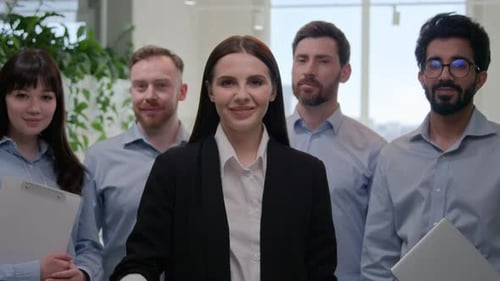 Portrait Happy Office Group Diverse Multinational Business People with Corporate Team Leader Show