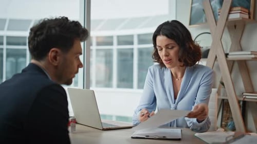 Two Partners Discussing Contract at Office Closeup Woman Explaining Agreement