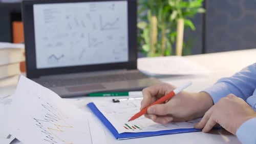 Person Reviews Charts and Graphs at Desk
