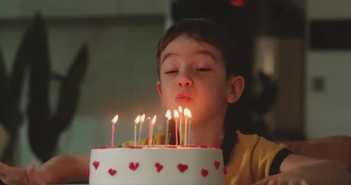 Joyful Child Blowing Out Birthday Cake Candles