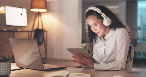 Headphones, tablet and happy woman with music, funny video and relax, calm