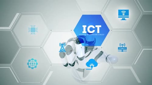 Futuristic Robot Hand Interacting with ICT Icons