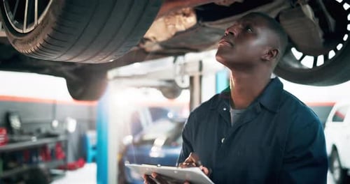 Car, mechanic and checklist with black man in repair shop for engine maintenance