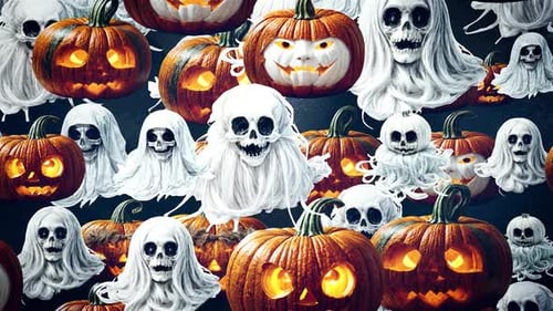 Halloween Carved Pumpkins and Spooky Ghosts Looping Background