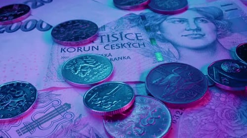 Czech Crowns Cash Money Macro Background Ceska Koruna Banknotes and Coinsneon