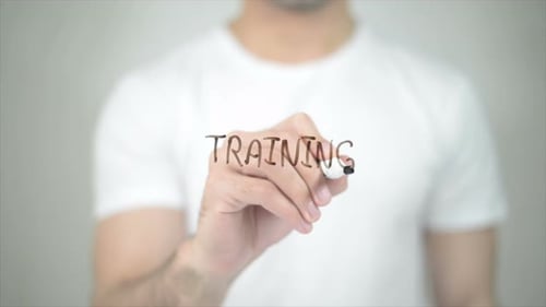 Training, Man Writing on Transparent Screen