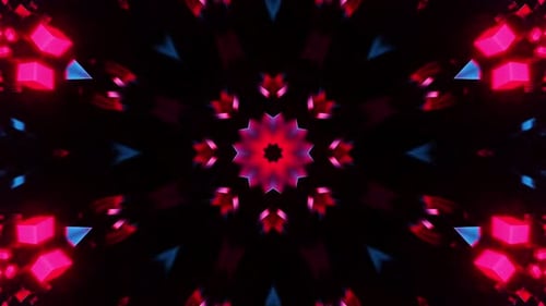 Vibrant neon lights create a dynamic kaleidoscope pattern effect