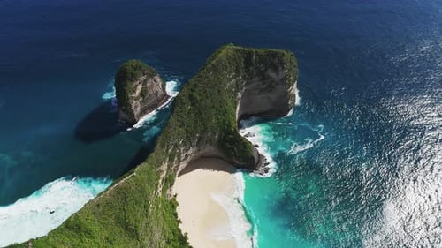 Aerial of Kelingking Beach Cliffs and Turquoise Sea, Bali