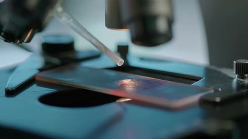 Drops of Liquid Substrate Added to Cell Specimen under Microscope