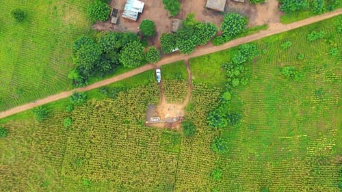 Drone flying directly above a remote village well in Malawi, Africa.