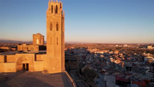 Panoramic aerial drone view of typical Gothic architecture La Seu Vella cathedral: vaults, colonnade