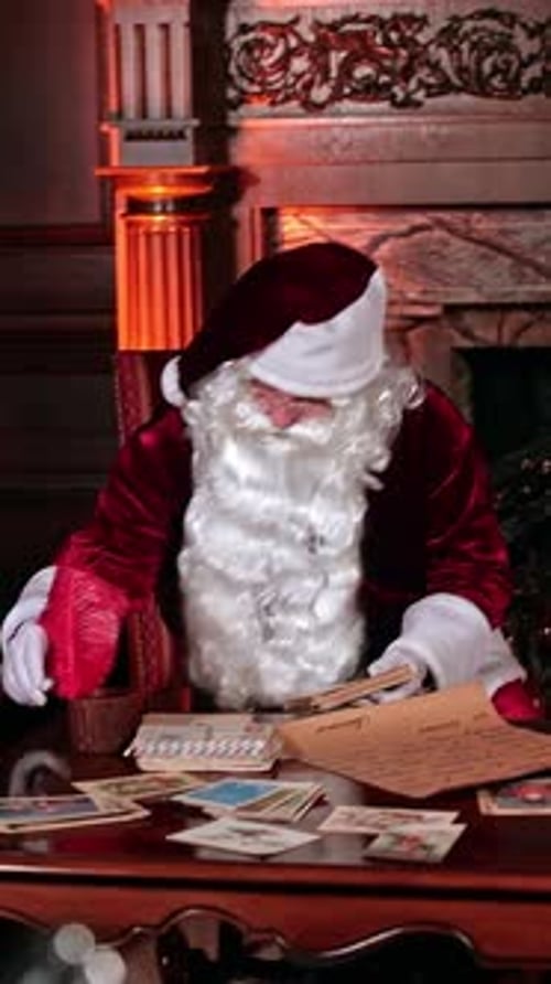Santa finishes writing the Christmas cards with red feather.