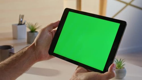 Worker Reading Email Green Screen Tablet at Contemporary Office Space Closeup