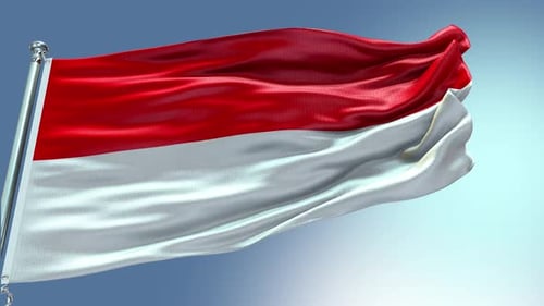 Realistic Waving Red and White Flag on Pole Against Blue Sky