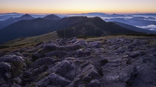 Sunrise Carpathian Mountain Landscape Rocks in the Foreground Inversion of Clouds in the Valley