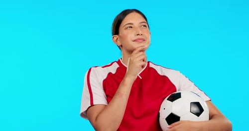 Young woman, soccer and thinking with ball, ideas and vision for career
