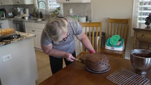 Woman Decorating Chocolate Cake with Frosting in Kitchen