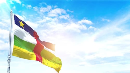 Central African Republic Flag Waving in Blue Sky with Sun