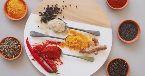 Colorful Spices Arranged on Serving Platter